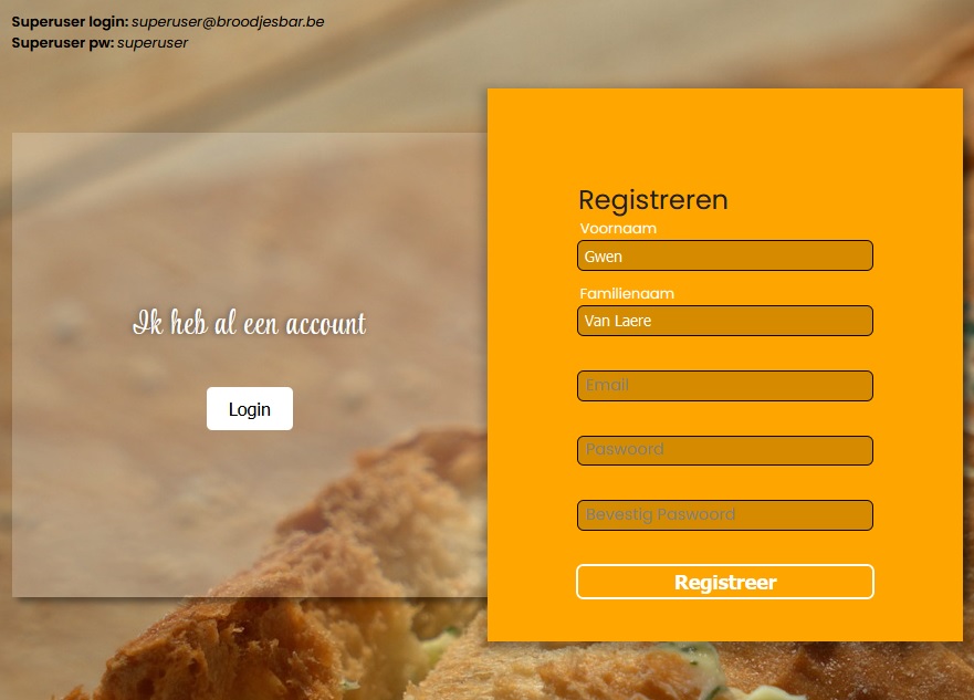 Sandwichbar webshop login form view on desktop