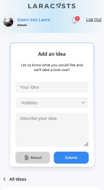 Voting application create new idea modal mobile view